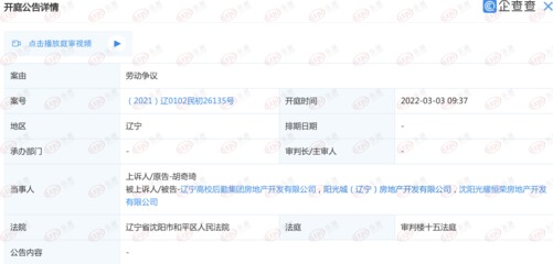 阳光城（辽宁）房地产劳动争议案开庭公告解读